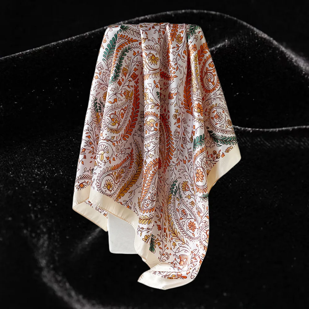 90cm Paisley Print Satin Square Scarf Elegant Retro Headscarf Artistic Accessory Black White Paisley Print Women Elegant Elegant