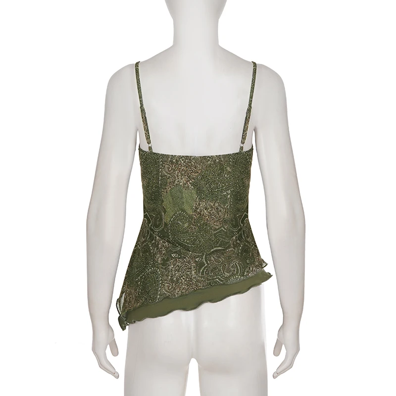 SUCHCUTE Fairycore Y2K Damen Cami-Top mit Blumenmuster, Spitzen-Patchwork, Asymmetrischem Saum, Spaghettiträgern, Schlankem Schnitt, Ärmellos, Streetwear Cami – Detail 5