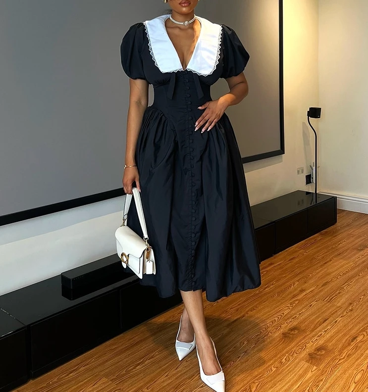 Franse damesjurk temperament woon-werkverkeer revers V-hals kant bubble korte mouwen slim fit hoge taille button-up shirt lange jurk