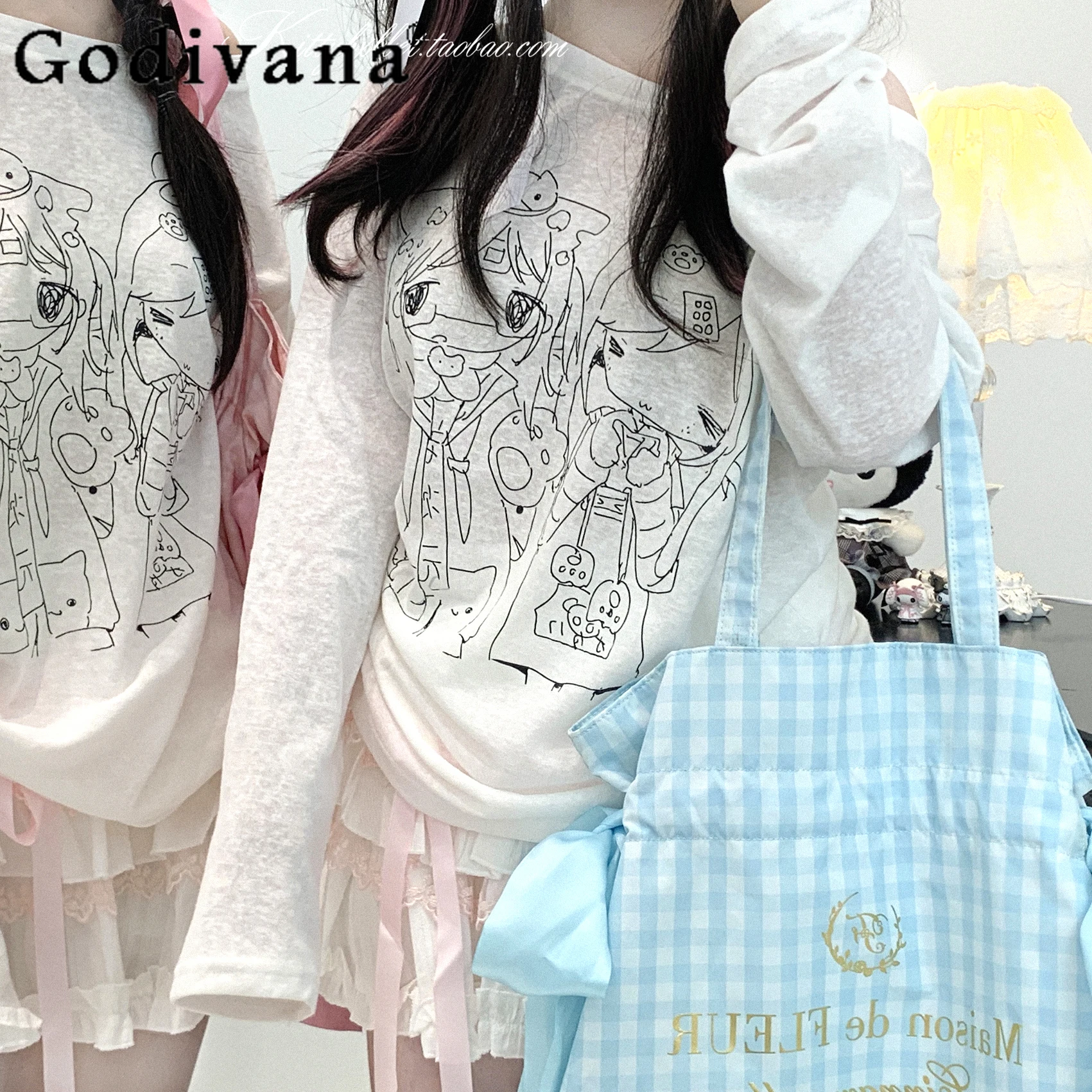 

Original Subculture Y2K Anime Print Kawaii Long Sleeve Top Summer 2025 New Girl's Women's Slimming Casual Off-Shoulder T-Shirt