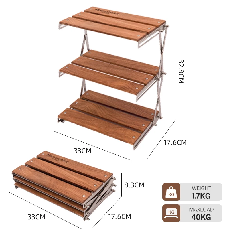 MOUNTAINHIKER Outdoor Camping Rack Przenośny składany stół Łatwy do przenoszenia Składany piknik Camping Grill Trzypoziomowy drewniany stojak