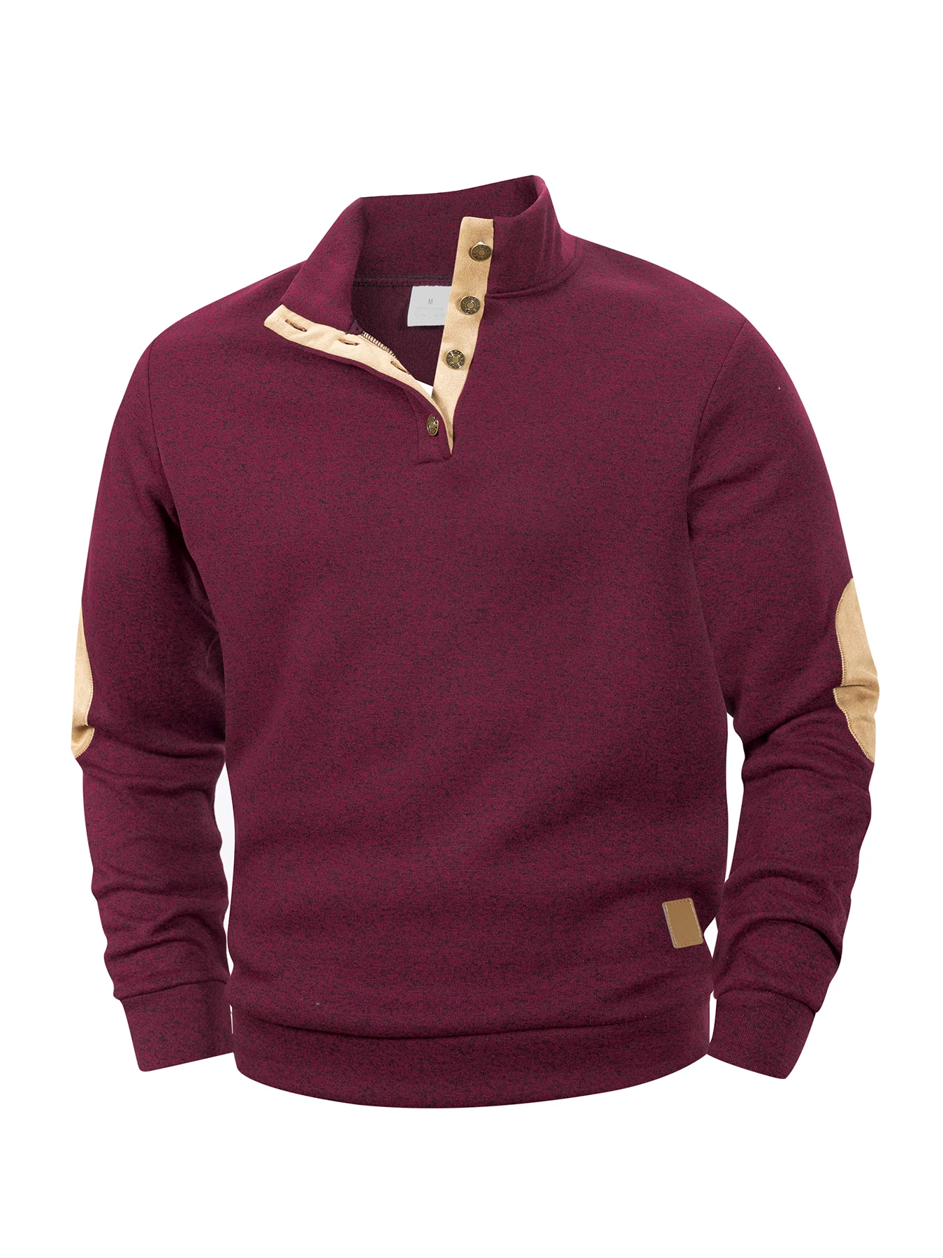 Men Vintage Henley Stand Collar Pullover Knit Sweatshirt Autumn Winter Jumper Button‑neck Casual Inner Top With Elbow Patches