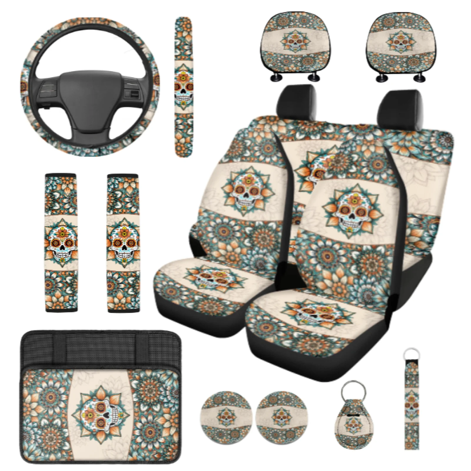 Coloranimal Skull 14 Pcs Automobile Seat Cover Sets with Soft Auto Center Console Pad and Car Safety Belt Cover for Auto