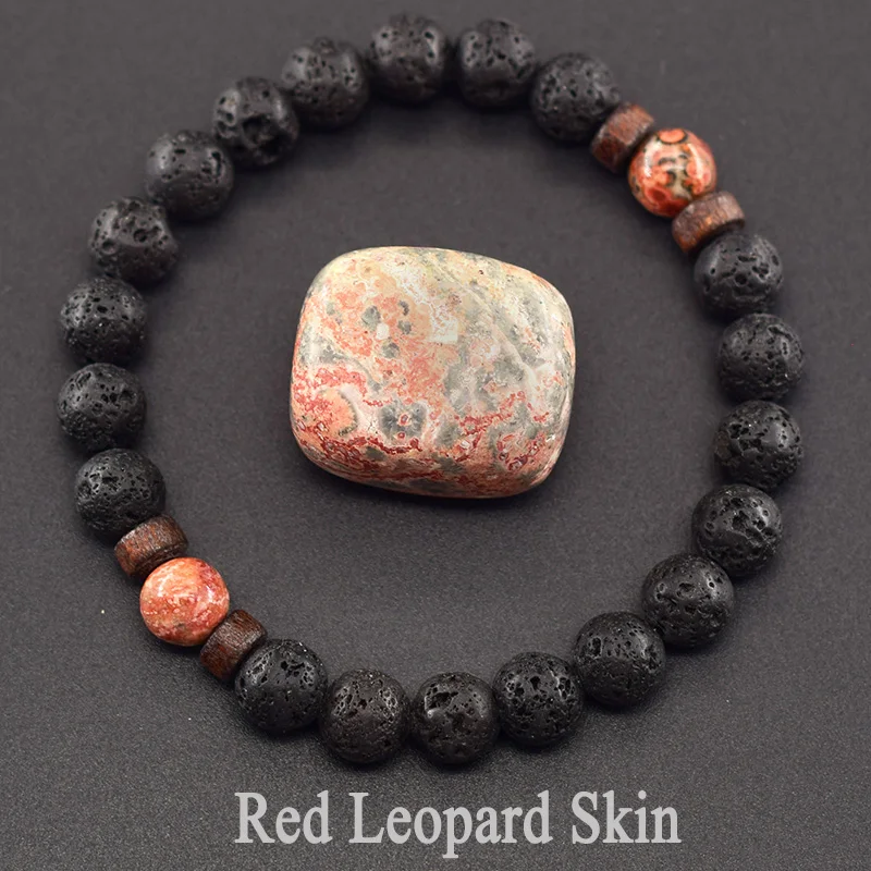 8mm Volcanic Stone Bracelet Men Women Stimulate the Circulation of Blood Natural Red Leopard Skin Beads Bangle Gift for Father