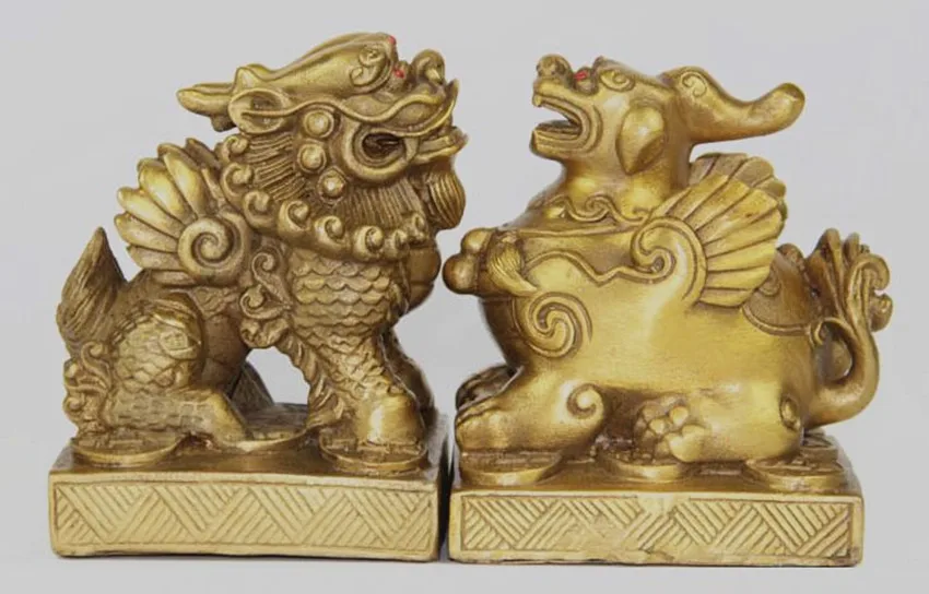 7cm Vintage Pair sacred Brave troops Bronze dragon Pixiu statue ~Wish U Wealth