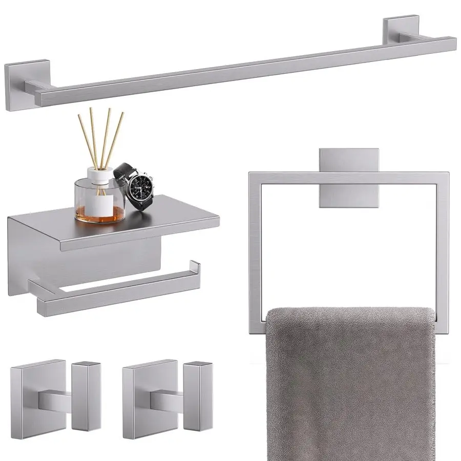 

5Pieces Brushed Nickel Bathroom Hardware Accessories Set 23.6 SUS304 Stainless Steel Towel Bar Set Wall Mounted Square Toilet Pa