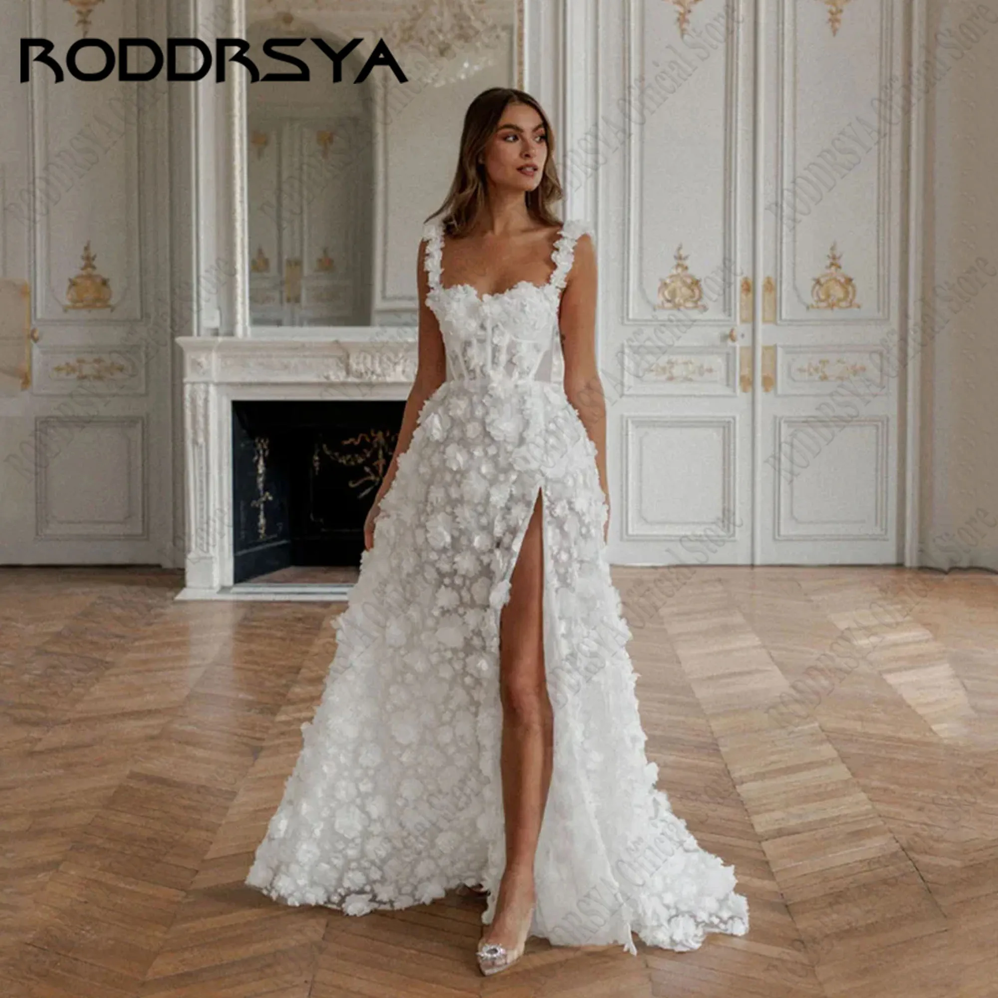 

RODDRSYA Sweetheart A-Line Wedding Dresses Spaghetti Straps 3D Flowers Luxury Bride Gowns Side Slit vestidos de noiva Lace Up