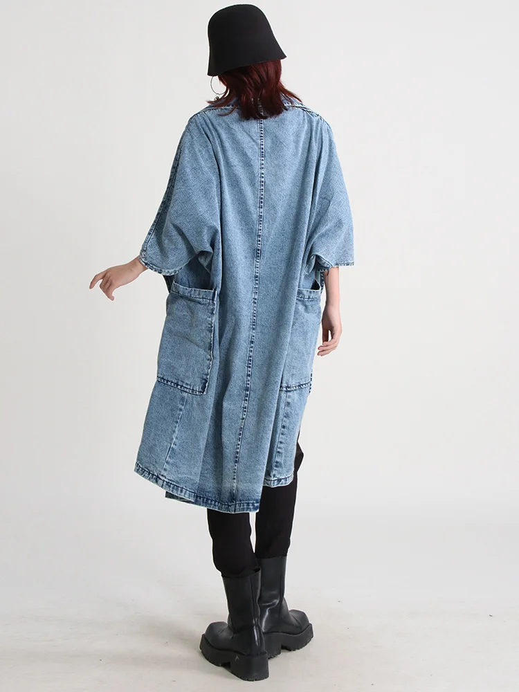 FANAN solide ample décontracté Denim manteau pour femmes revers à manches longues Patchwork poche tempérament Trench femme mode nouveau 2025