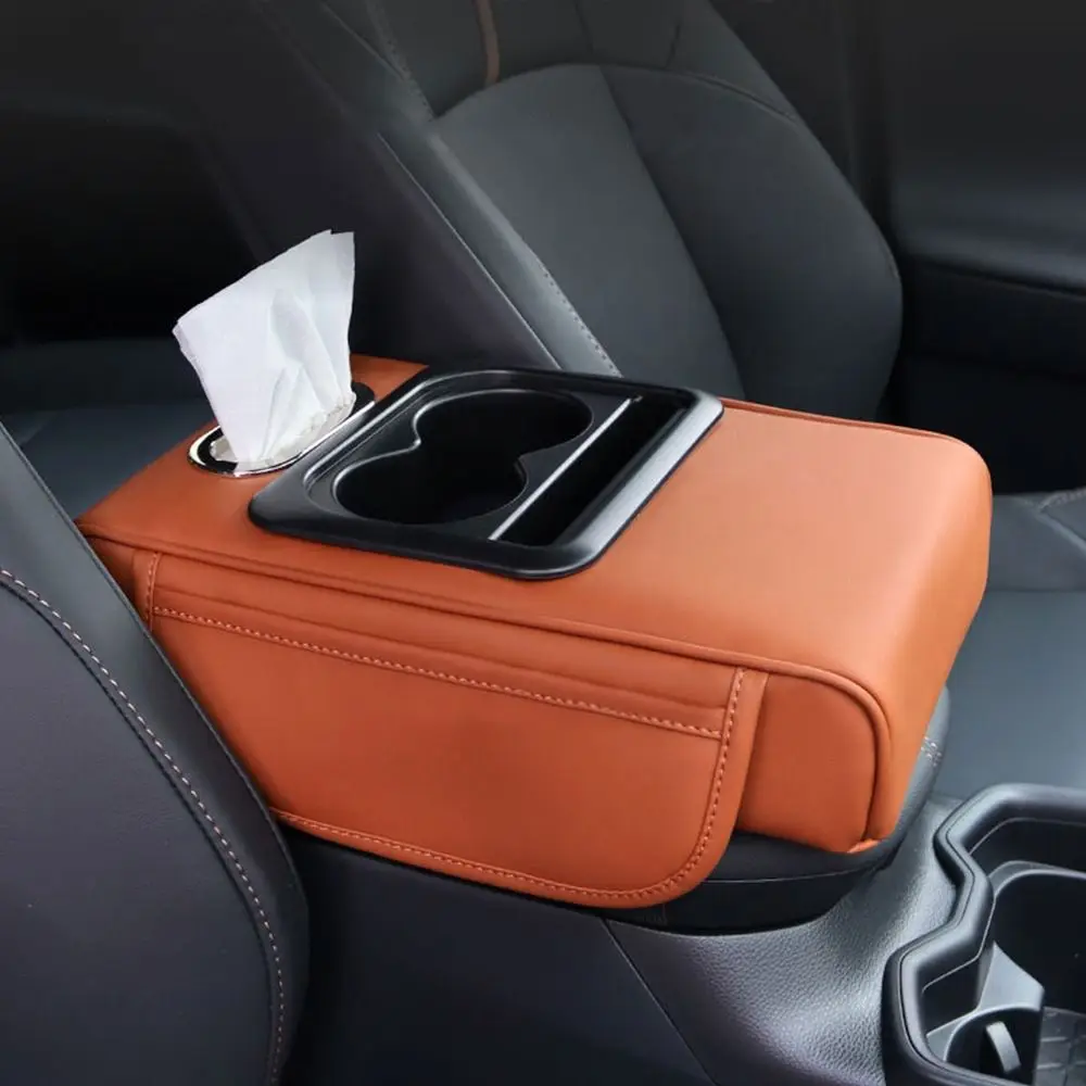 Portable Center Console Armrest Cushion PU Leather with Cup Holder Tissue Box Armrest Pad Multifunctional Height Increasing