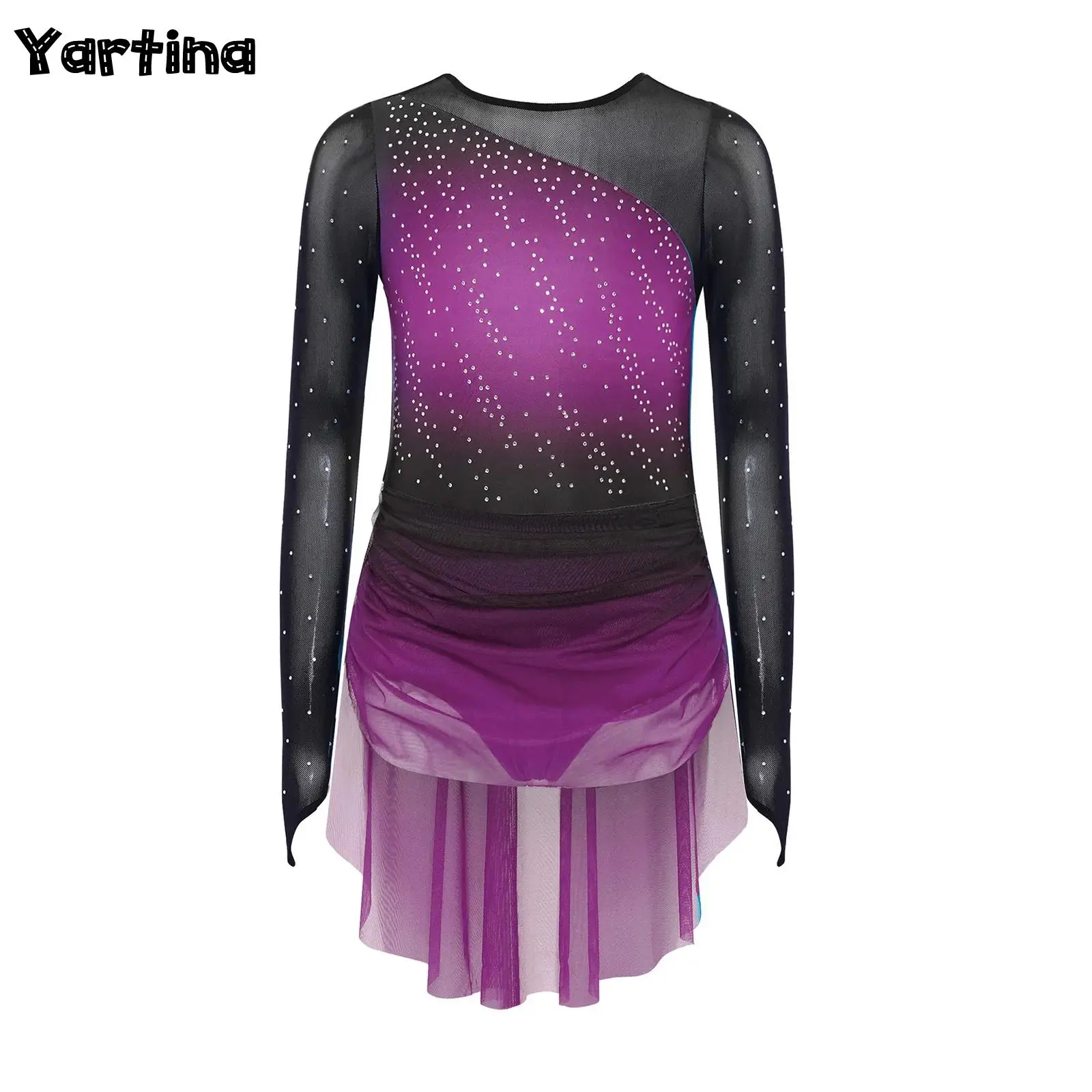 

Kids Girls Gymnastics Artistic Figure Skating Ballet Jersey Lyrical Dance Costume Sheer Mesh Sparkly Rhinestones Gradient Dress