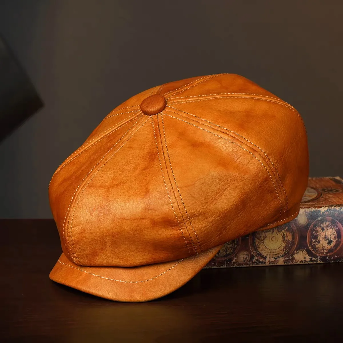 Vintage Beret Hat Genuine Leather Unisex Winter Warm Octagonal Cap for Men Women Bonnet Chapeau Homme Hat Black