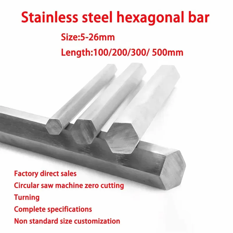 

304 Stainless Steel Hexagonal Bar Rod Dia 5-26mm Length 100-500mm For Machining