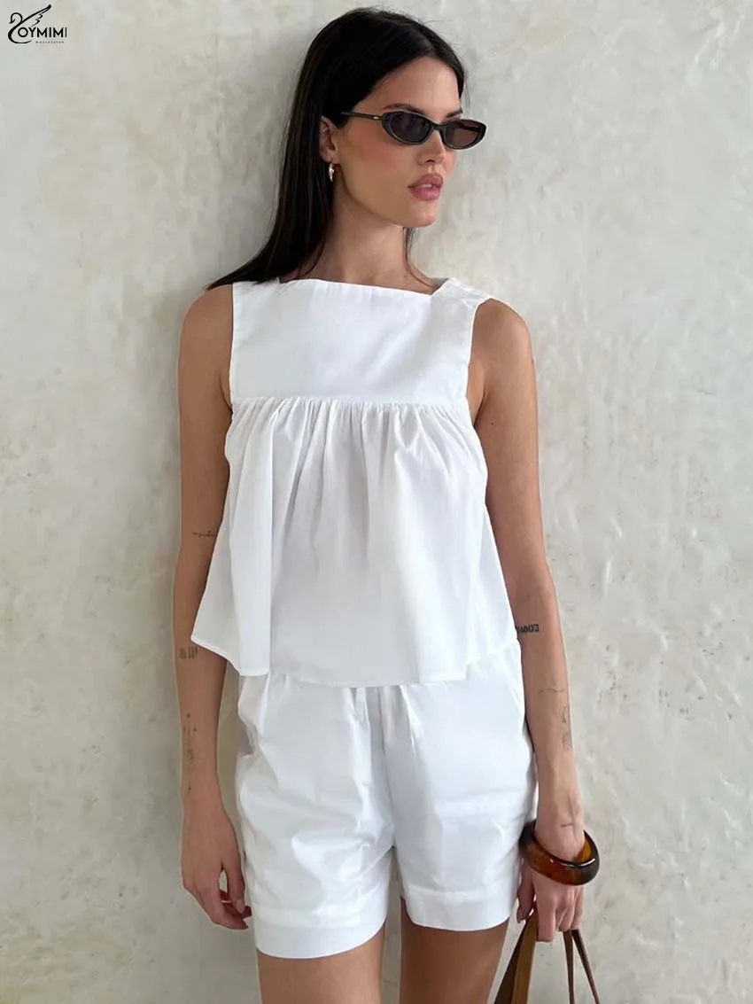 

Oymimi Casual White Cotton Two Piece Outfits Woman Fashion Square Collar Sleeveless Loose Tops And Drawstring Pockets Shorts Set
