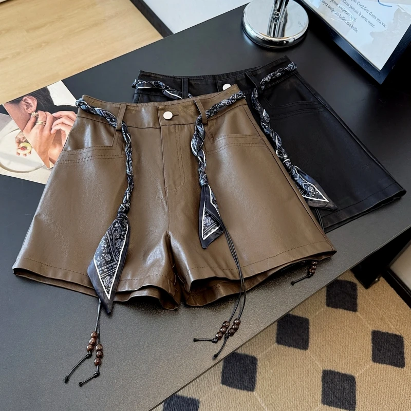 2025年秋冬新作 レディース スカーフタイ付き ハイウエスト ミドル丈パンツ カジュアル ワイドレッグ 五分丈パンツ PUレザーショートパンツ