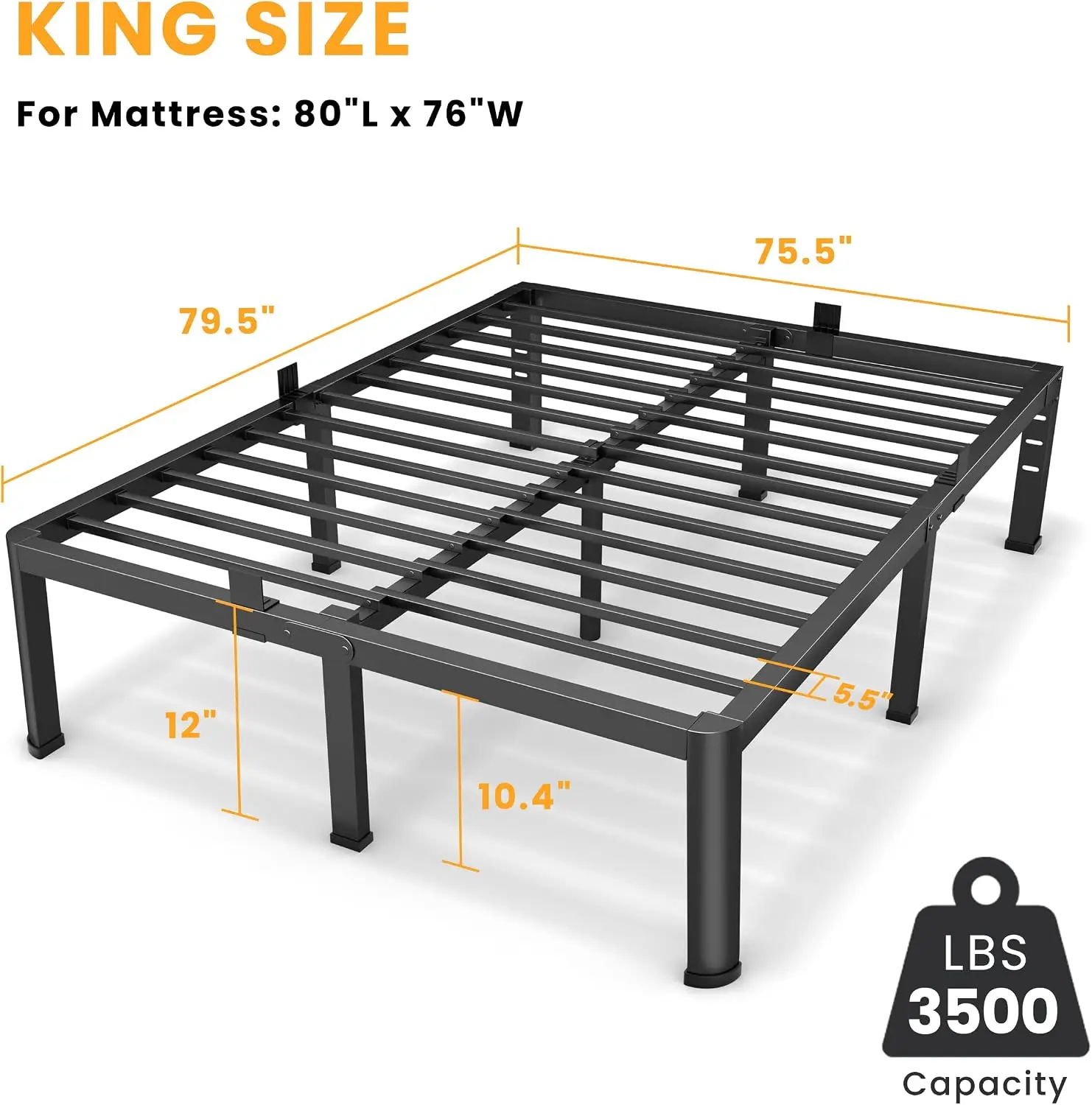 12 Inch King Size Metal Bed Frame with Rounded Legs & Mattress Stopper, Heavy‑Duty 3500 lbs Support, Headboard Holes, Under‑Bed Storage, Noise‑Free, No Box Spring Needed, Easy Assembly, Black