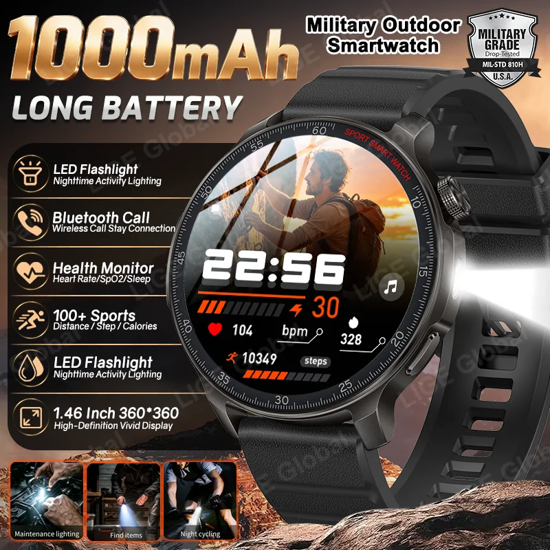 LIGE 1000mAh Large Battery Sport Smartwatch For Men 1.46" Heart Rate LED Flash IP68 Waterproof Voice Bluetooth Call Smart Watch