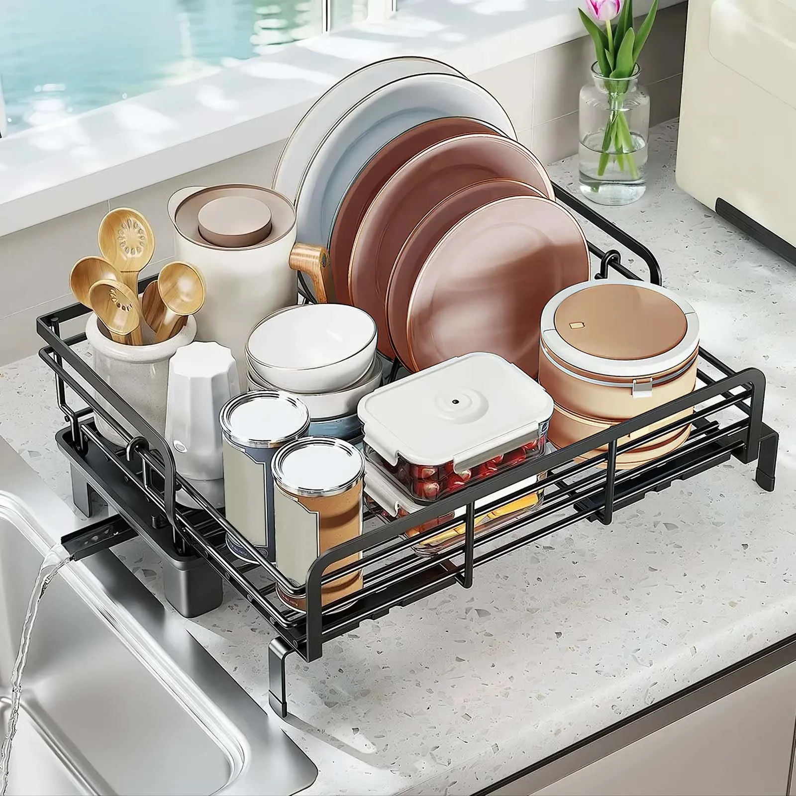 

Dish Drying Rack for Kitchen Counter -Extendable Dish Rack with Drainboard Dish Drainer Adjustable Dish Dryer Drainer