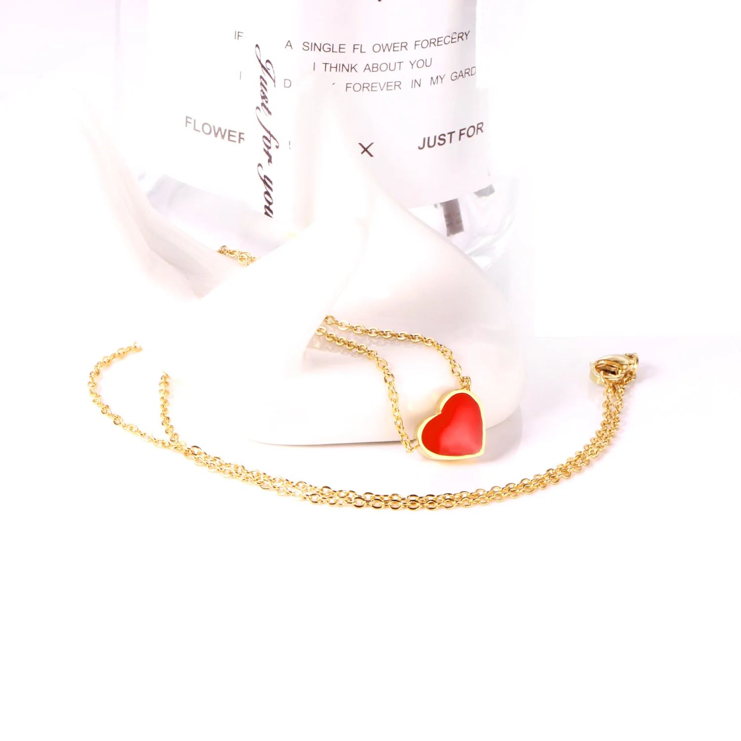 LUXUSTEEL Fashion Oil Drip Pink Red Colorful Love Heart Pendant Necklace For Women Girls Stainless Steel Rolo Chain Choker BFF