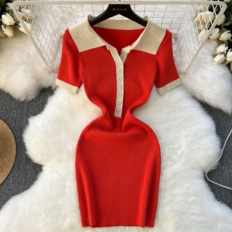 Patchwork Contast Knit Dress Mini Sexy Fashion Elastic Party Elegant Vestidos Turn Down Collar Chic Bodycon Summer Women Dress