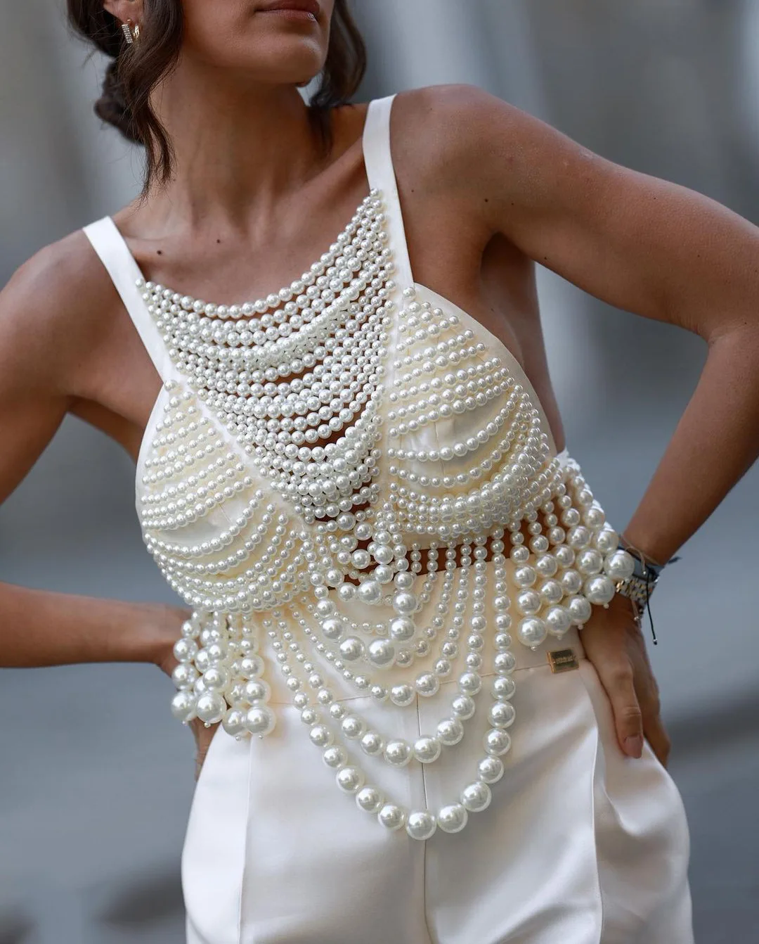 Fashion Pearl Beading Tops Wpmen V-neck Handmade Bra Top Ladies Party Female Elegant Beaded Vest Tops