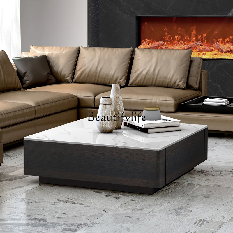 Italian-Style Light Luxury Rock Plate Coffee Table Nordic Modern Minimalist Retro Living Room Square Minimalist Coffee Table