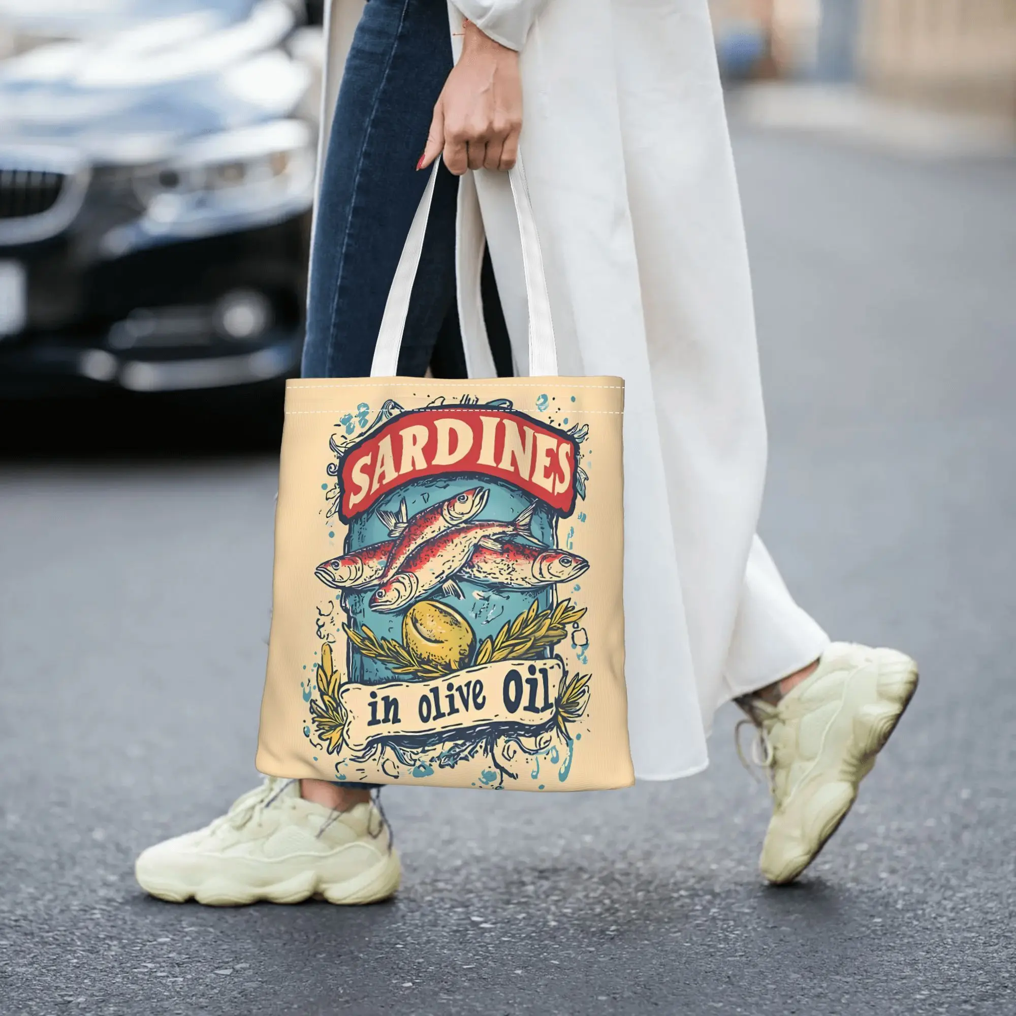 Tote Bag with Vibrant Sardine & Olive Oil Design - Durable, Hand Washable, No Closure, Ideal for Daily Shopping & More
