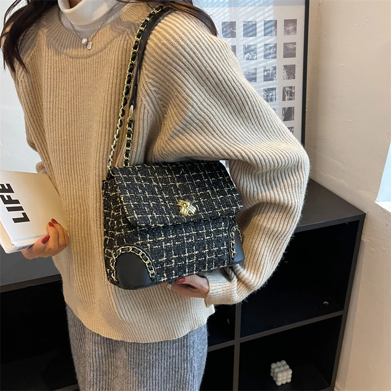 Classic Plaid Women Bags Woolen Brand Luxury Handbag Purse Flap Ladies Shoulder Bags Designer Chain Crossbody Bag FashionClutch