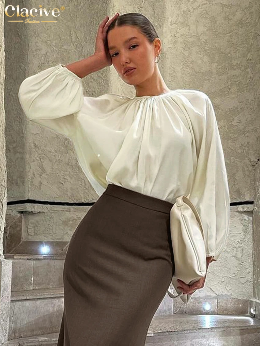 

Clacive Fashion Loose Beige Women's Shirt 2024 Elegant O-Neck Puff Sleeve Office Shirts Casual Classic Solid Top Female Clothing