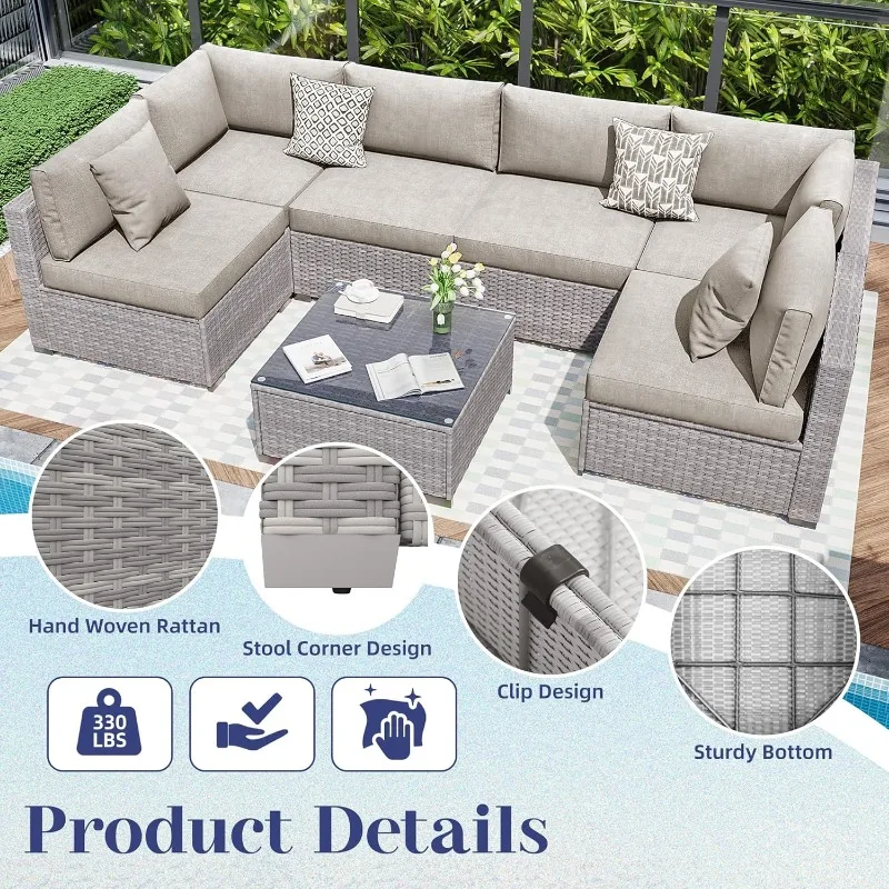 KIGOTY Patio Furniture Set 7 Pieces Conversation Sets, Outdoor Sectional Sofa, All-Weather PE Rattan Modular Sofa