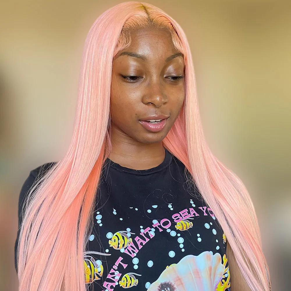 human hair straight 13X6 lace front pre-stretched wig transparent lace front wig Light pink 13x4 high gloss wig 250 density