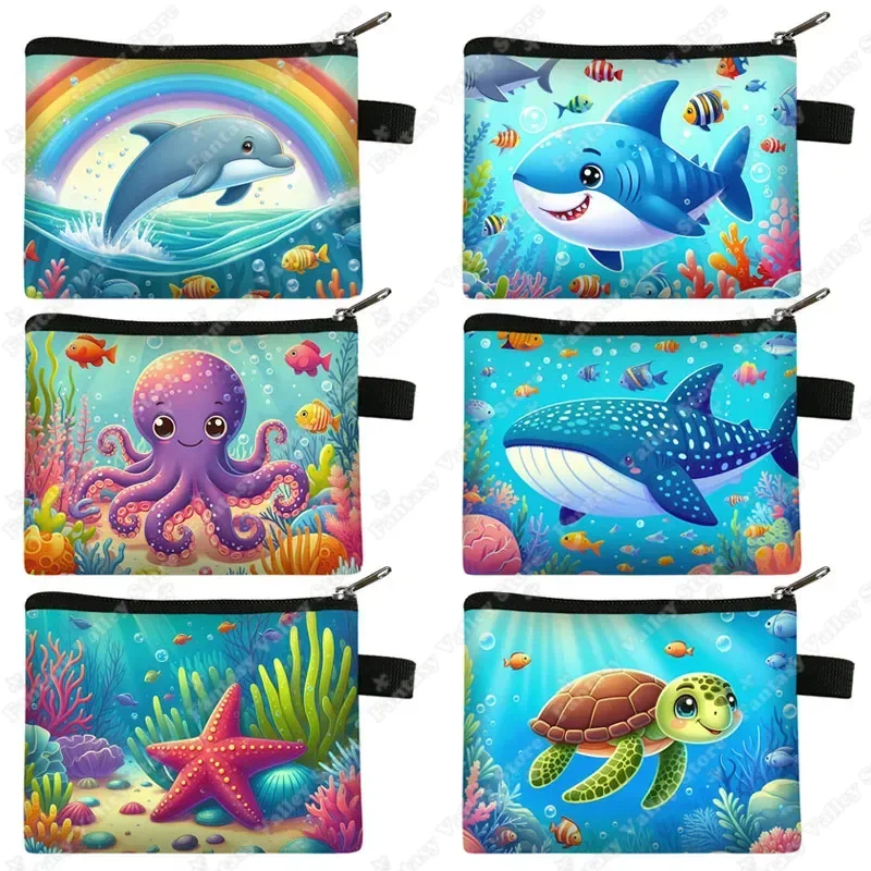 Cartoon Dolphin / Shark / Turtle Coin Bag Underwater Sea Animals Cute Coin Money Purse Credit Card Holder Wallet Zipper Pouch