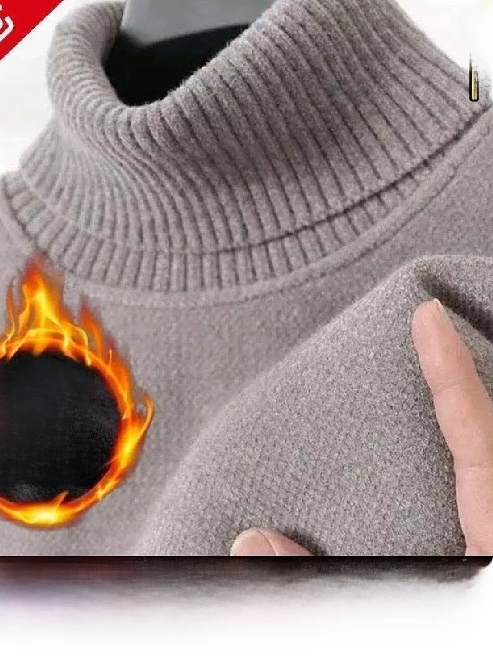 Fleece Lined Warm Men's Knitted Sweater Shawl Collar Versatile Business Casual Thick Winter Long Sleeve High Neck  Color