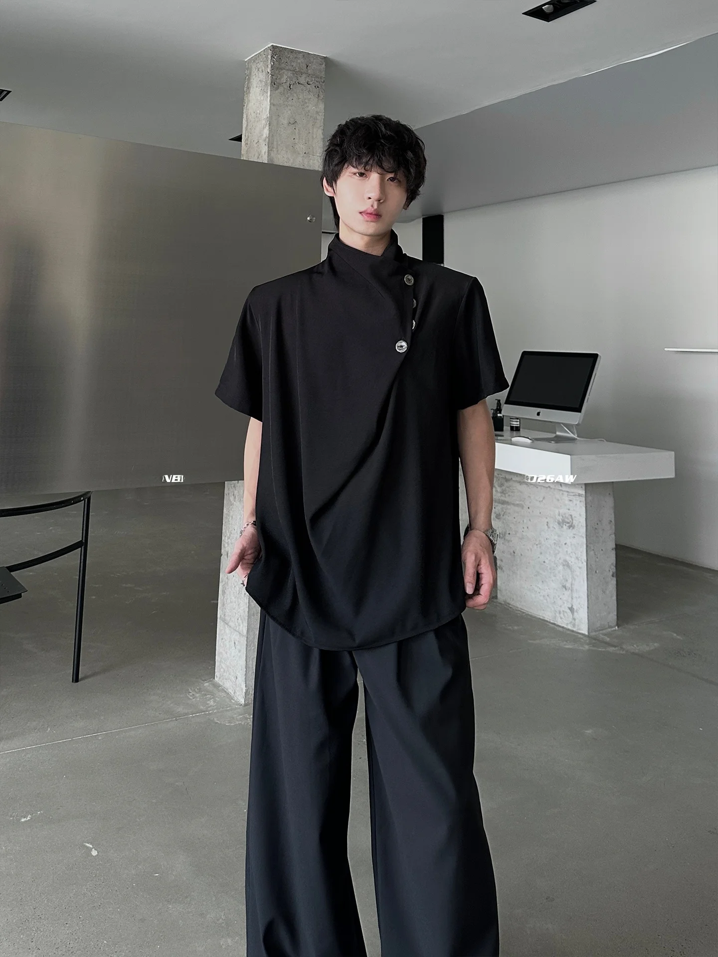 Casual Loose Men's T-shirt Short Sleeve Stand Collar Asymmetrical Design Breathable Comfortable Polyester Blend Basic Style