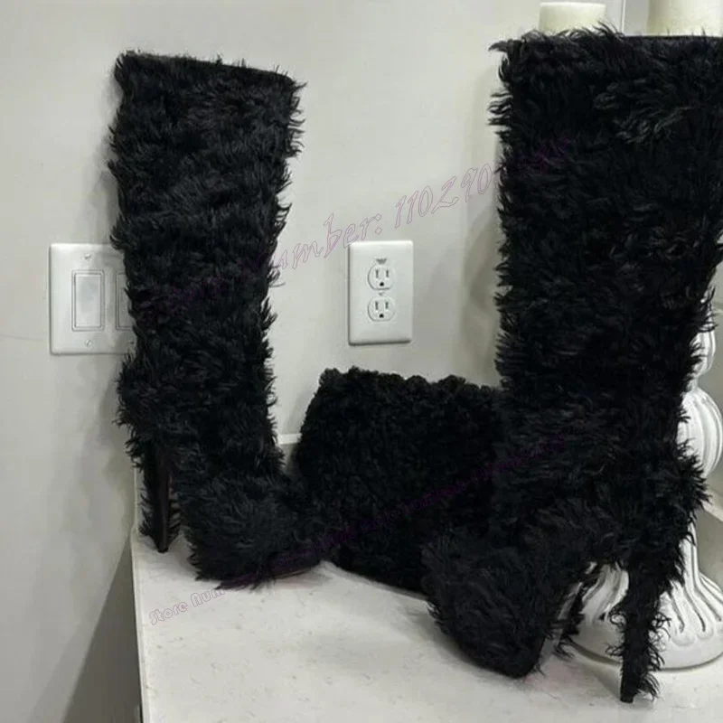 

Black Fluffy Platform Knee High Boots Round Toe Shoes for Women Thin High Heels Winter Snow Shoes 2023 Zapatos Para Mujere