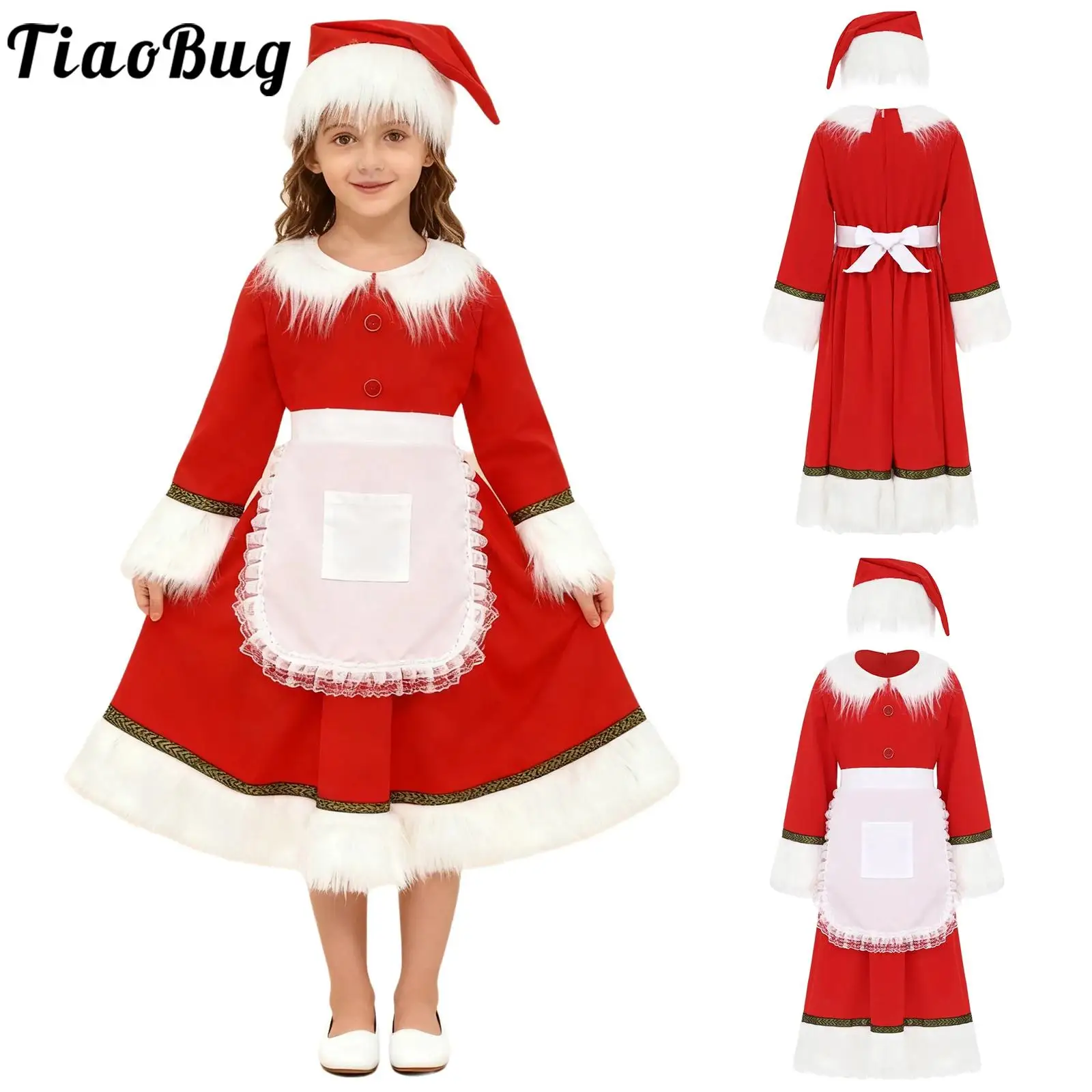 

Girls Christmas Santa Claus Role Play Outfit Costume Long Sleeve Ruffled Dress with Hat and Apron Suit for Festival Theme Party