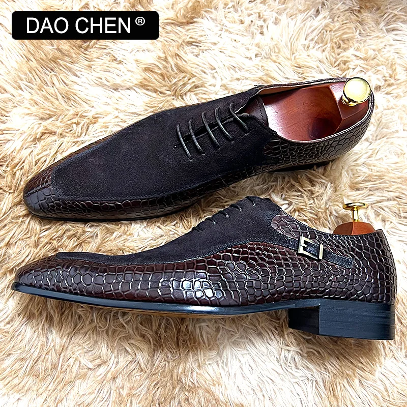 LUXURY MEN OXFORD SHOES LACE UP POINTED BLACK MACARON MEN DRESS SHOES SUEDE PATCHWORK CROCODILE PRINTS LEATHER SHOES MEN