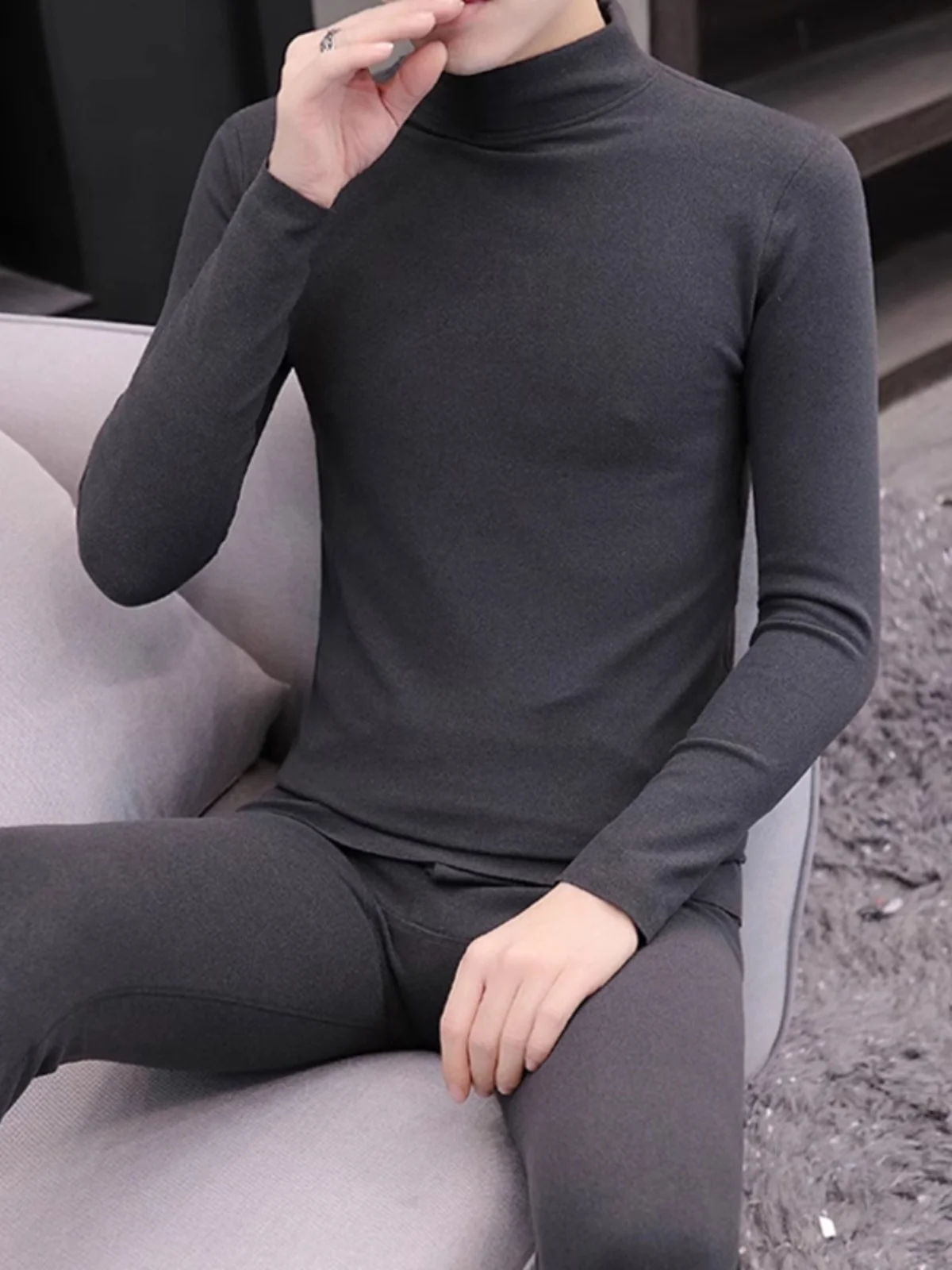 

Мужской термокомплект из двухслойного флиса с высоким воротником, хлопково-шерстяная базовая футболка, однотонная осенняя одежда, осенние брюки