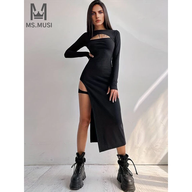 

MSMUSI 2024 New Fashion Women Sexy Solid Hollow Out Long Sleeve Cut Out Bodycon Party Club Event Slit Slim Midi Dress Vestidos