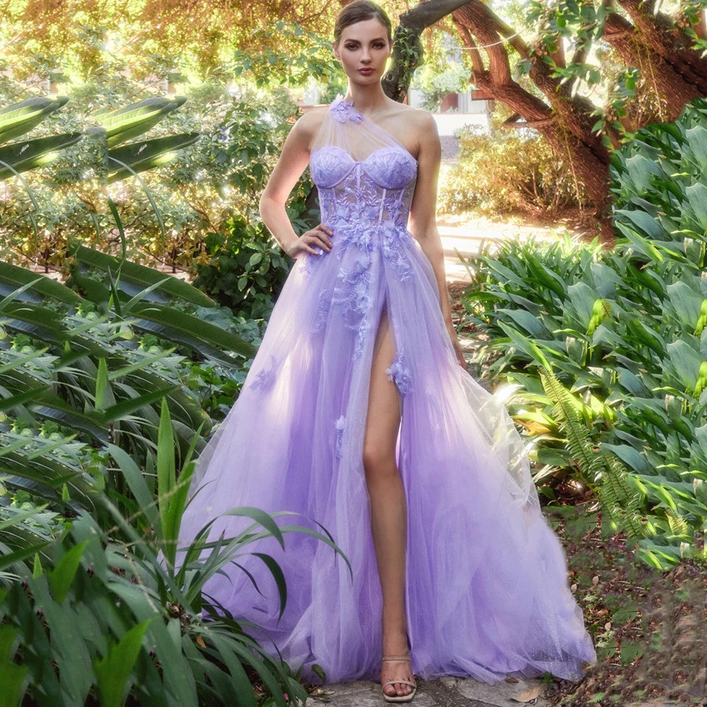 

Elegant Lavender Evening Dresses One Shoulder Appliques A Line High Slit Floor Length Birthday Party Prom