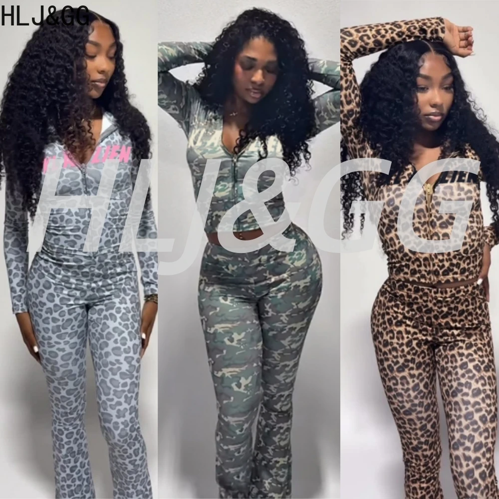 HLJ&GG Fashion Leopard Letter Print Hooded Two Piece Sets Women Zipper Long Sleeve Top And Skinny Pants Outfit Autumn Streetwear
