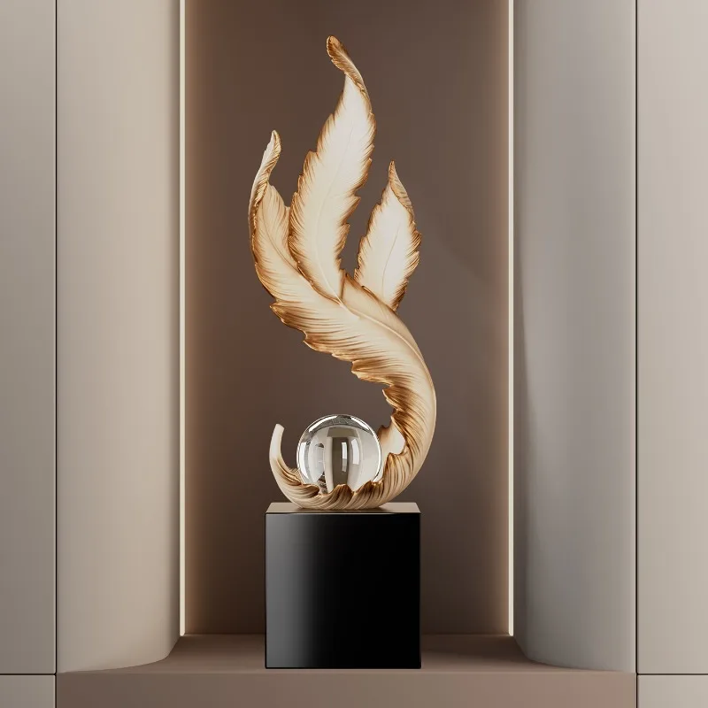 Luxury Feather Art Sculpture Decoration,Golden Resin Living Room Entrance,Foyer Niche TV Stand Statuette Decorations,Gift