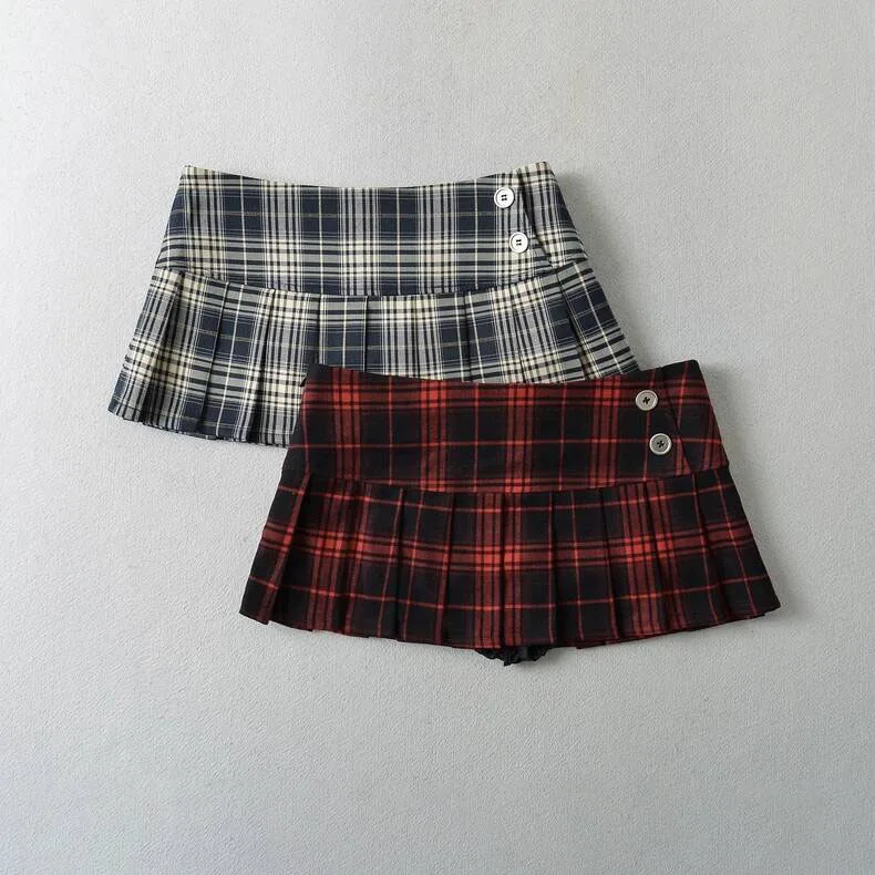 JMPRS Plaid Mini Skirt Women Summer Vintage Y2K Skirt Ladies Korean Fashion Preppy Style Red A Line Pleated Skirt Jk Button