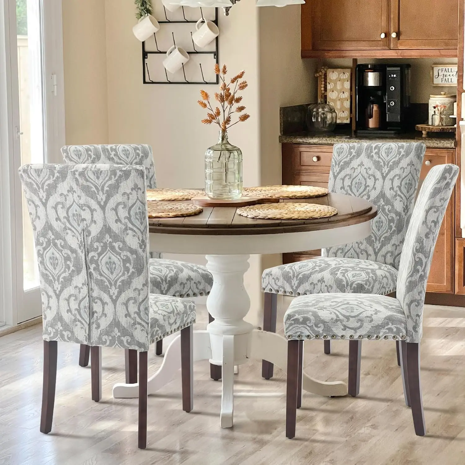 Colamy Upholstered Parsons Dining Chairs Set Of 4, Fabric Dining Room Kitchen Side Chair With Nailhead Trim And Wood Legs -