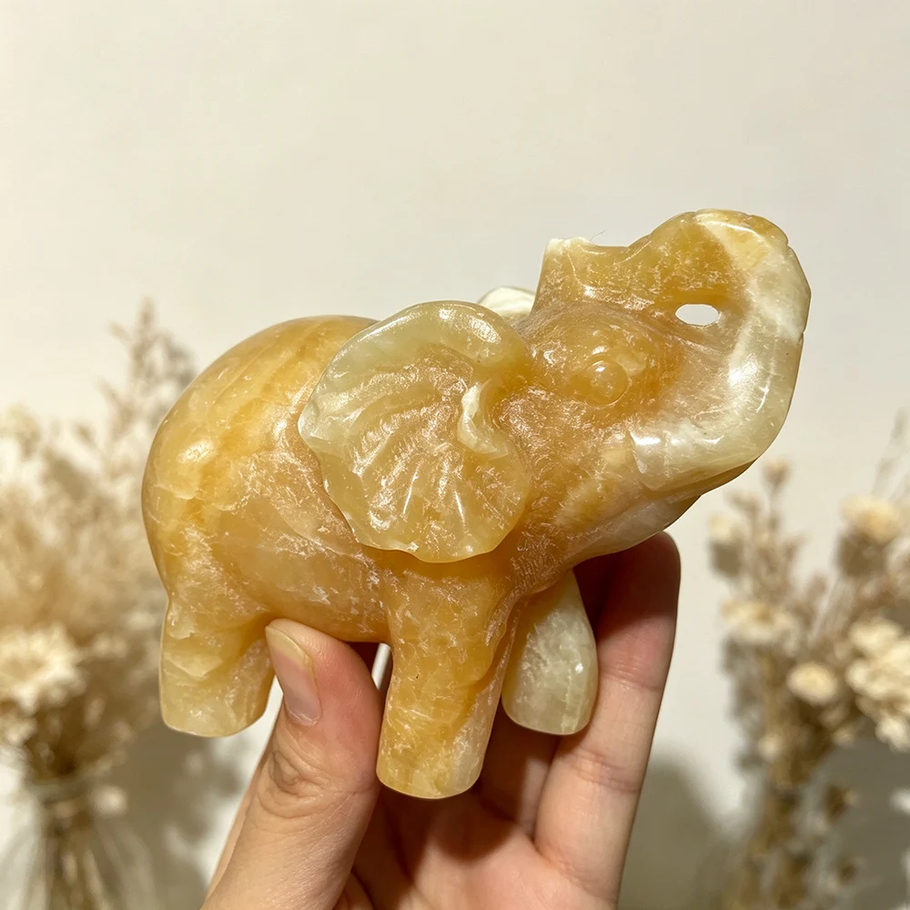 Natural Orange Calcite Elephant Figurine Hand Carved Gemstone Animal Statue Indoor Tabletop Decor Craft Gift