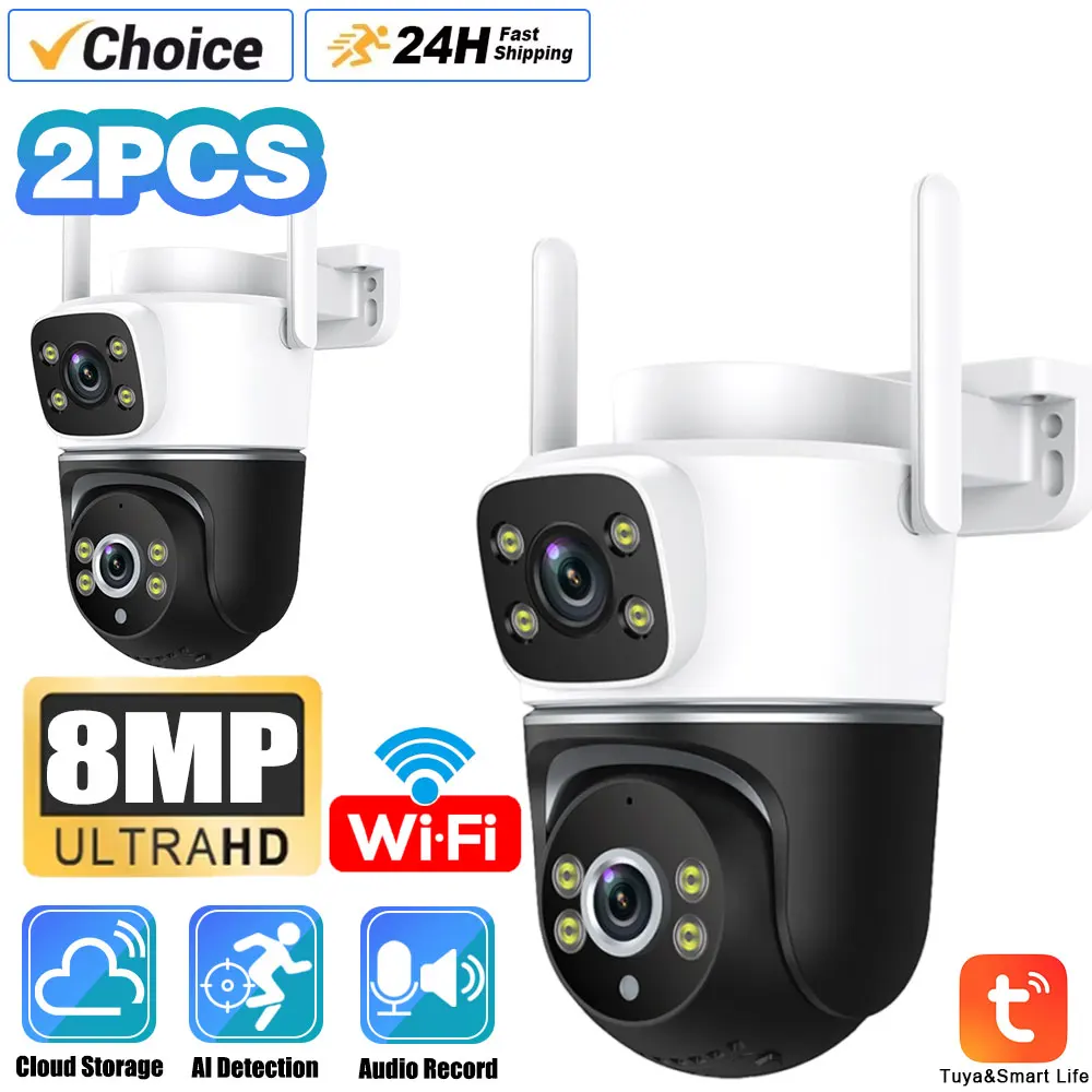 

Уличная камера безопасности Tuya 8 МП 4K с двумя объективами 360° ° PTZ-трек и разделенный экран мониторинга Wi-Fi IP66 Всепогодная система наблюдения