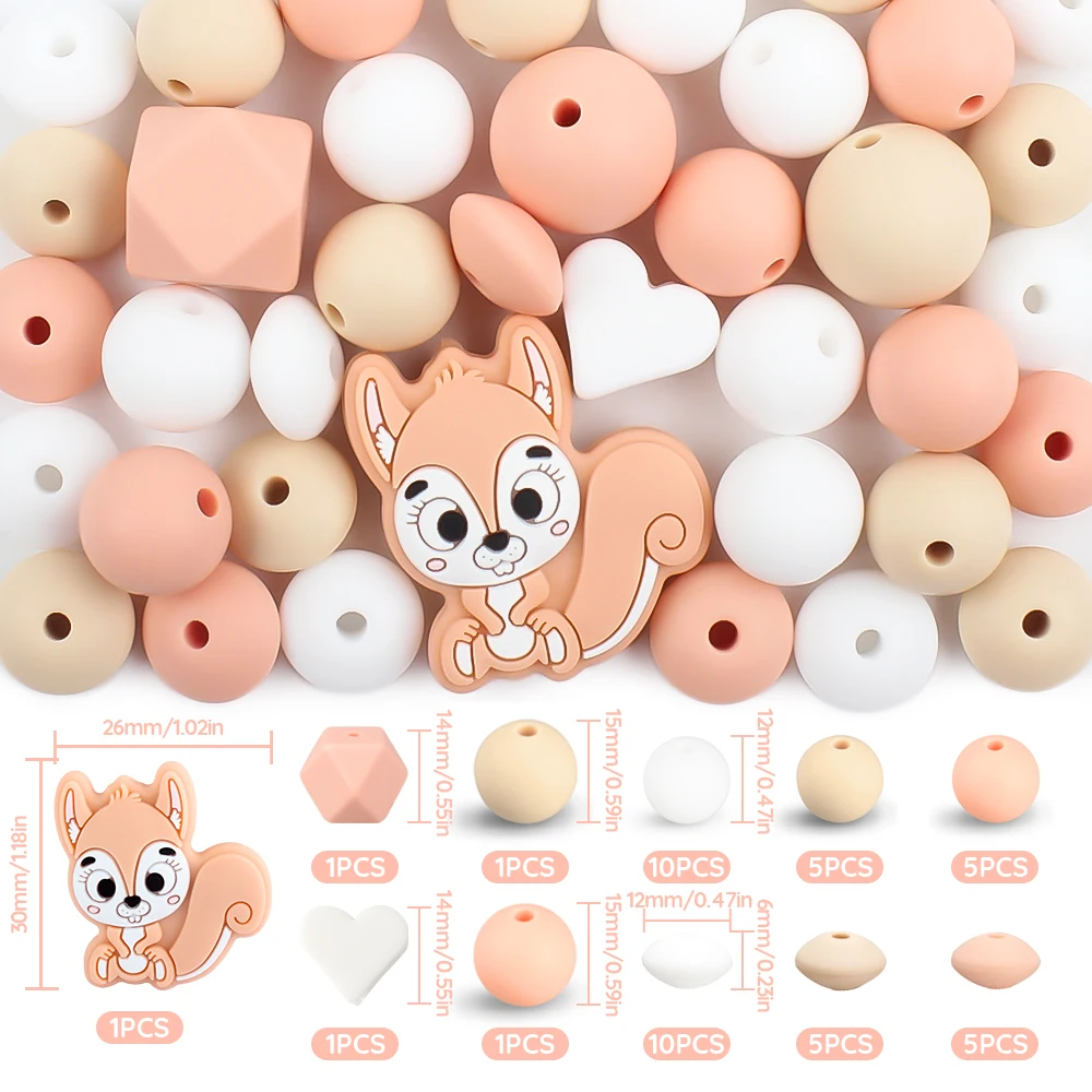 45Pcs  Squirrel Silicone Beads Round Pearl Lentil Heart Beads For Jewelry Making DIY Necklace Bracelet Jewelry Accessories