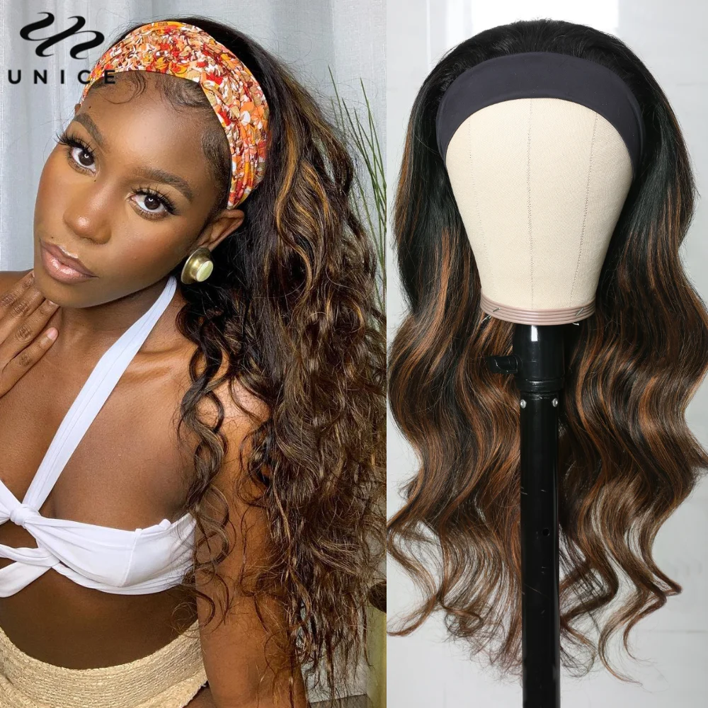 UNice Hair Balayage Body Wave Headband Wig 100% Human Hair Put On & Go Glueless Human Hair Wigs Send 5PCS Free Scarf / Headband