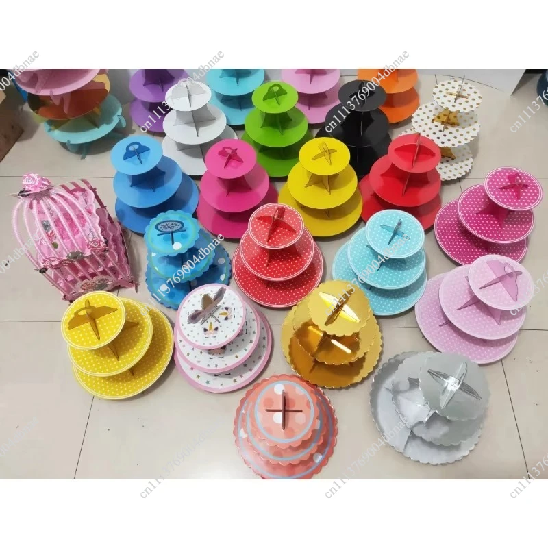 2025 new paper three-layer solid color birthday cake stand party banquet dessert display stand (three-piece)