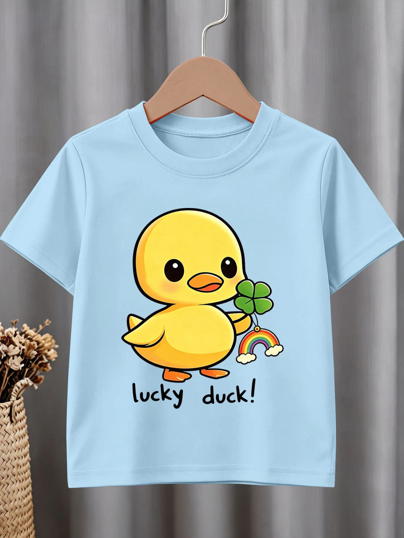 Cute Lucky Duck Rainbow Clover Print Graphic Kids Tee Boys Girls Family Matching Cotton Crew Neck Short Sleeve Soft Summer Tee
