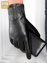 Mens Genuine Leather Gloves Winter Warm Fleece Lining Driving Motorcycle Riding Gloves Male Touch Screen Real Sheepskin Gloves